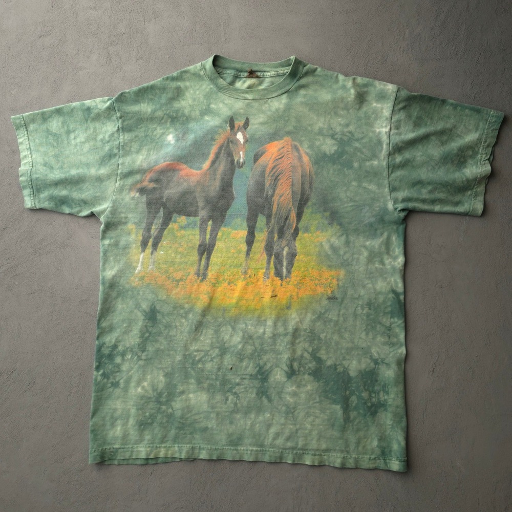 Vintage 90s The Mountain Horse Graphic T-shirt XL Green Tie Dye Nature